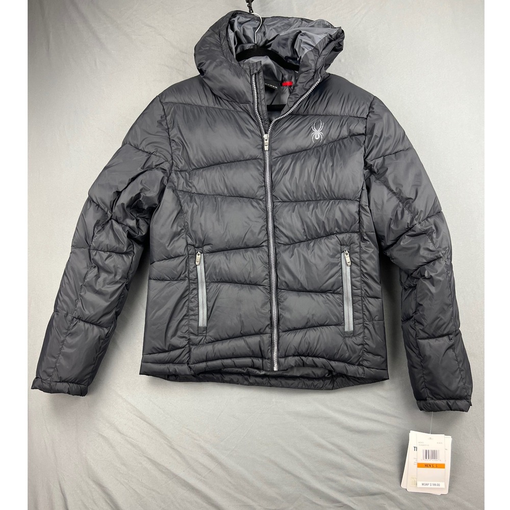 Spyder Puffer Jacket Mens Small 71H66022-01 Black ThermaWeb Hooded Insulated NWT